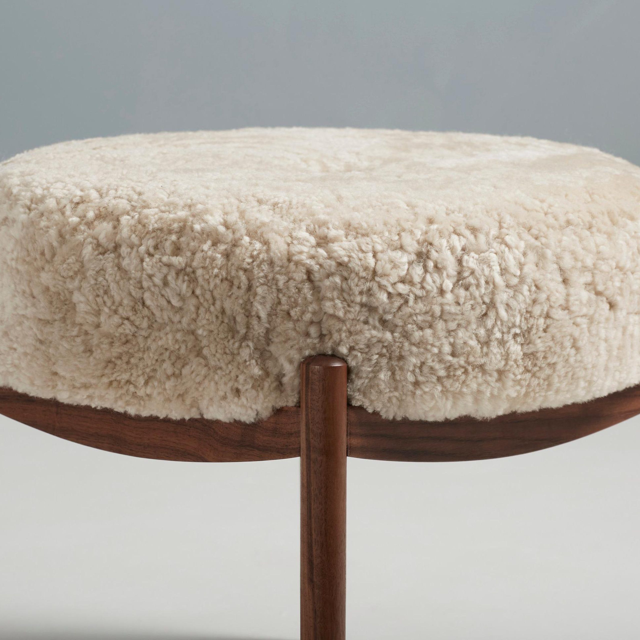 Custom Made Walnut And Shearling Round Ottoman For Sale At 1stdibs For Satin Black Shearling Ottomans (View 9 of 15)