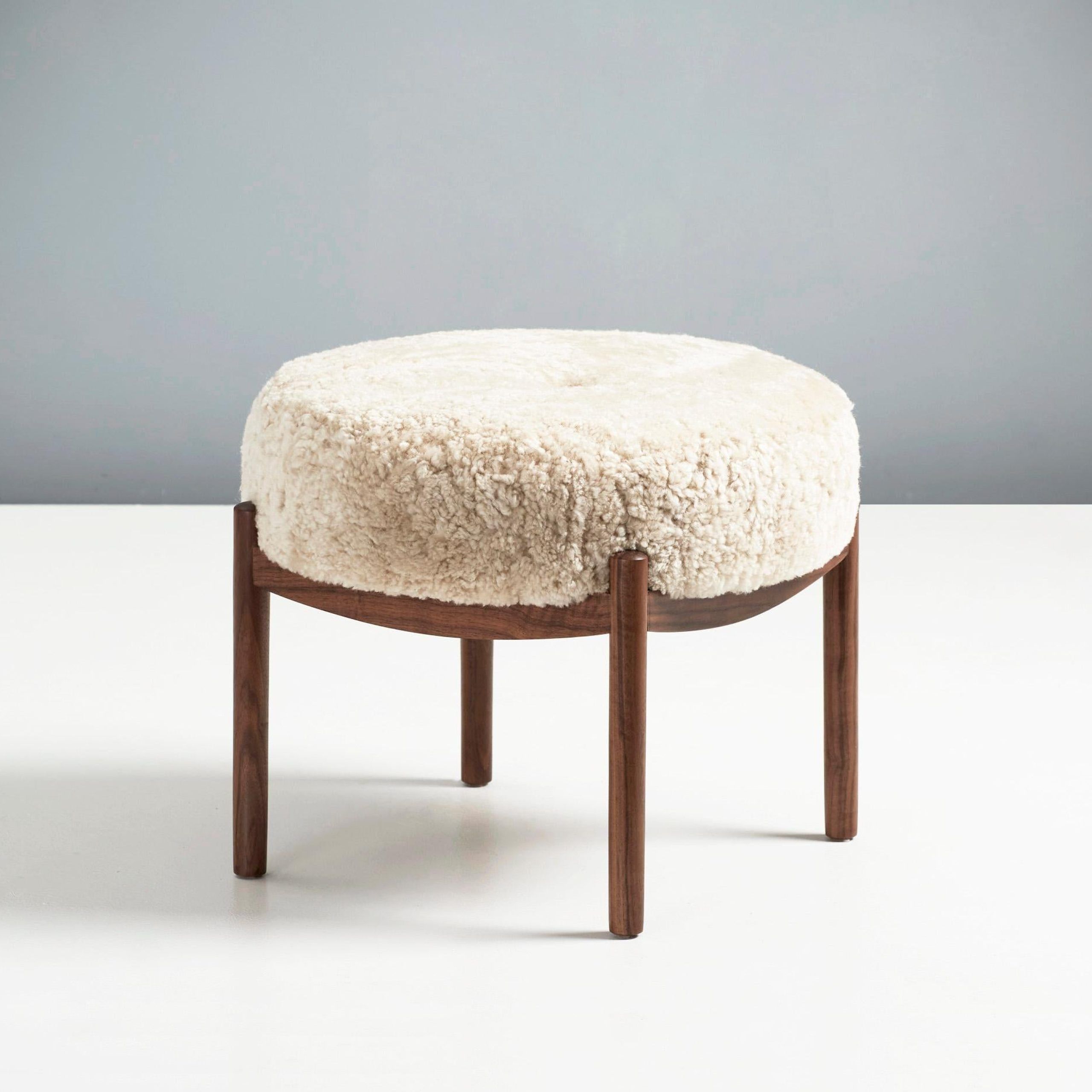 Custom Made Walnut And Shearling Round Ottoman For Sale At 1stdibs In Satin Black Shearling Ottomans (View 3 of 15)
