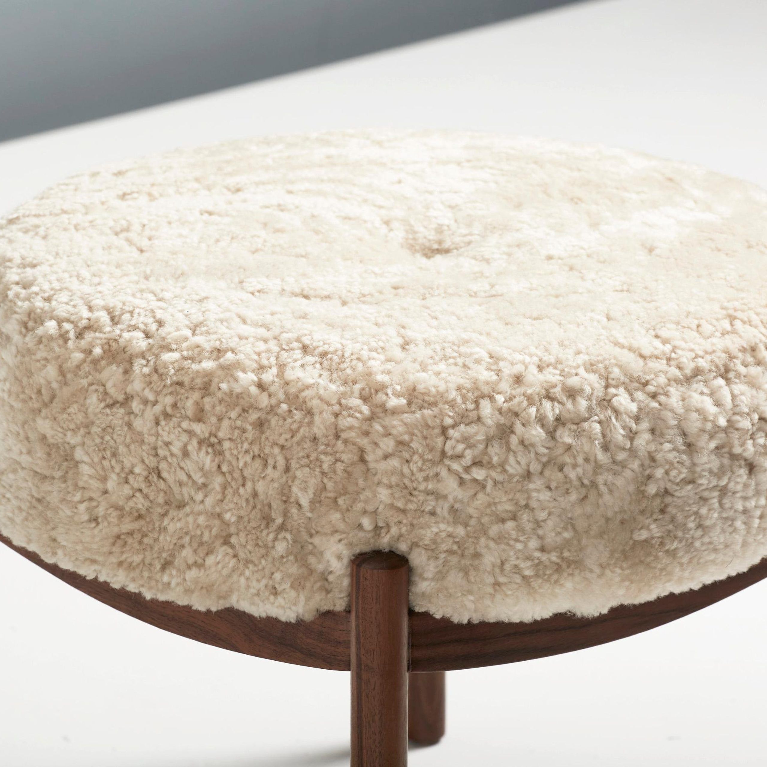 Custom Made Walnut And Shearling Round Ottoman For Sale At 1stdibs Regarding Satin Black Shearling Ottomans (View 4 of 15)