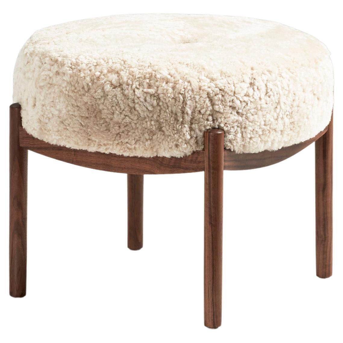 Custom Made Walnut And Shearling Round Ottoman For Sale At 1stdibs Within Satin Black Shearling Ottomans (View 1 of 15)