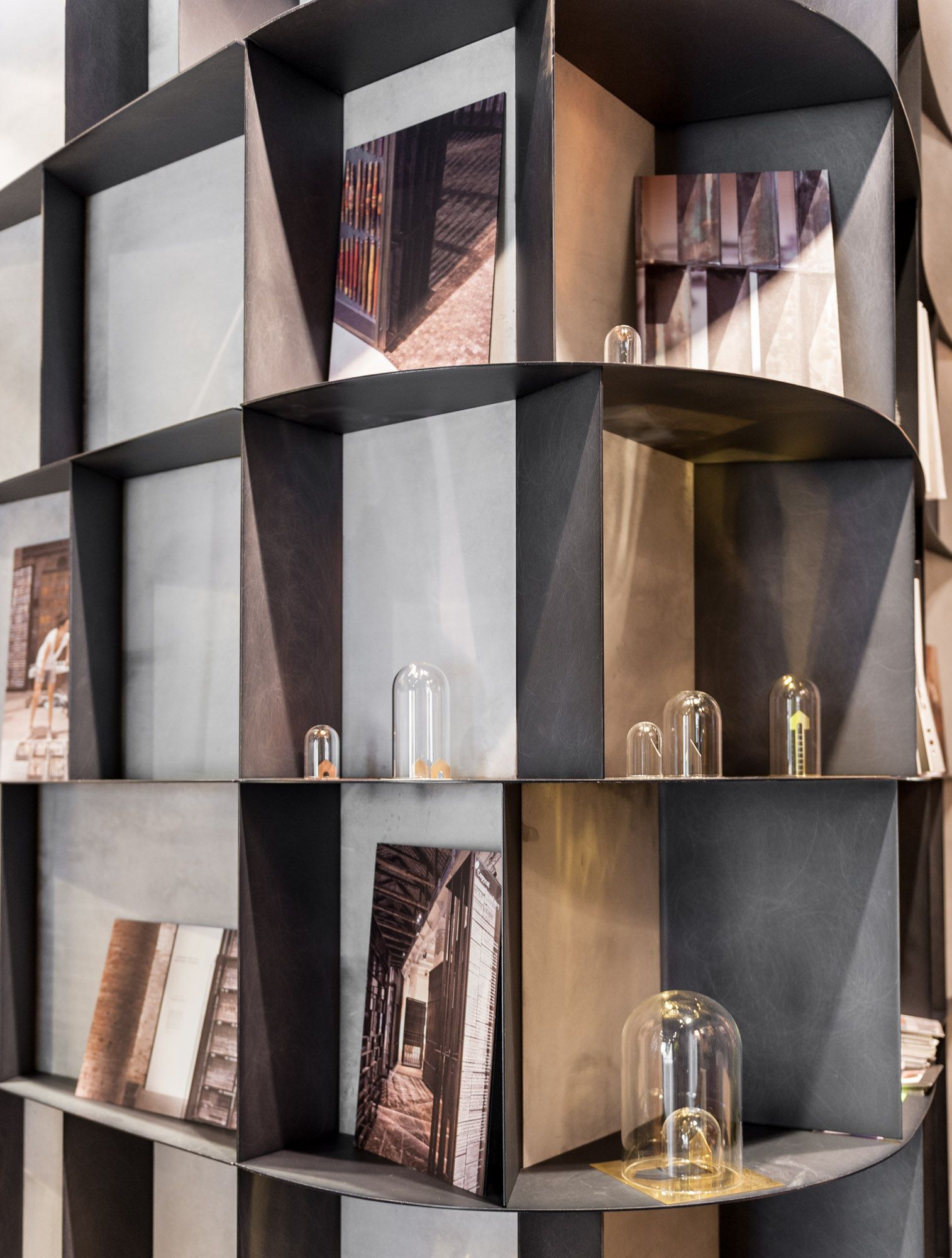 De Castelli Flagship Store #outdoor #indoor #iron #copper #aluminium #steel  #corten Round #bookcase | Bookshelf Design, Shelving Design, Shelving With Regard To Weathered Steel Bookcases (View 9 of 15)