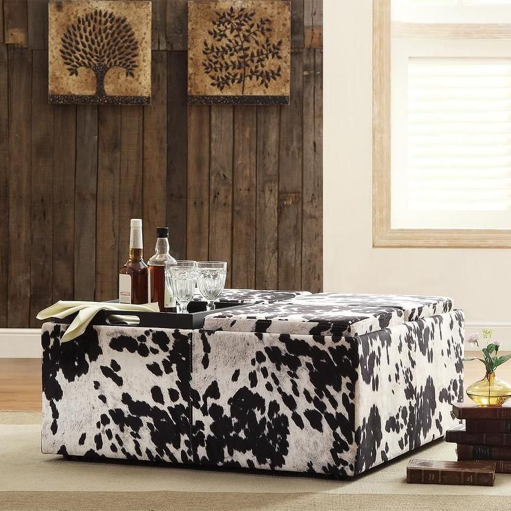 Decor Black White Cow Hide Modern Storage Ottoman Intended For White Cow Hide Ottomans (View 3 of 15)