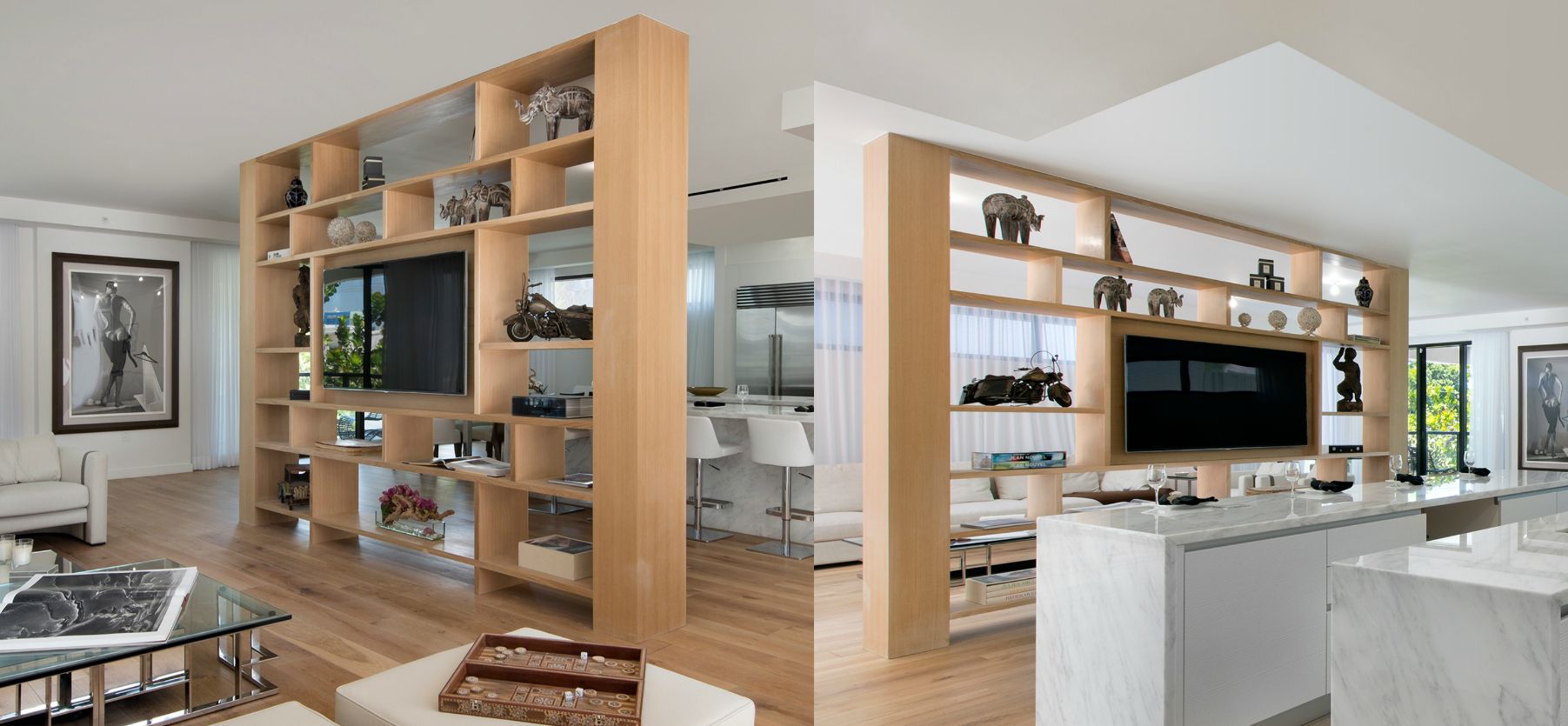 Dual Sided Room Divider/bookcase. Modern. Minimalist. Built In Tv Display (View 14 of 15)