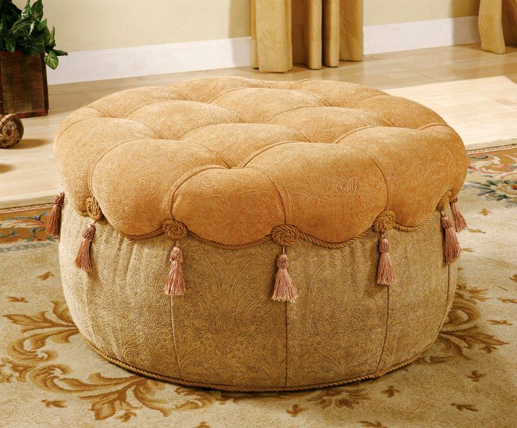 Elegant Ottomans | Photo Of Elegant Round Ottoman In Beige Plush Upholstery  W Decorative  Keep It Cushy | Möbel Inside Fabric Upholstered Ottomans (View 15 of 15)