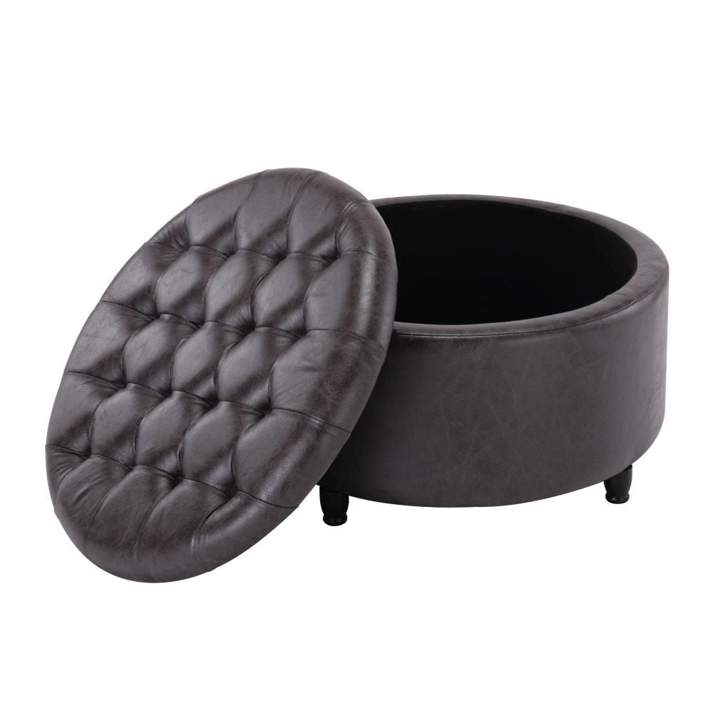 Eluxury Casual Black Faux Leather Round Storage Ottoman At Lowes Throughout Black Faux Leather Ottomans (View 10 of 15)