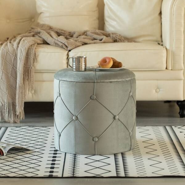 Fabulaxe Gray Round Wooden Velvet Ottoman Stool With Lid Qi (View 15 of 15)
