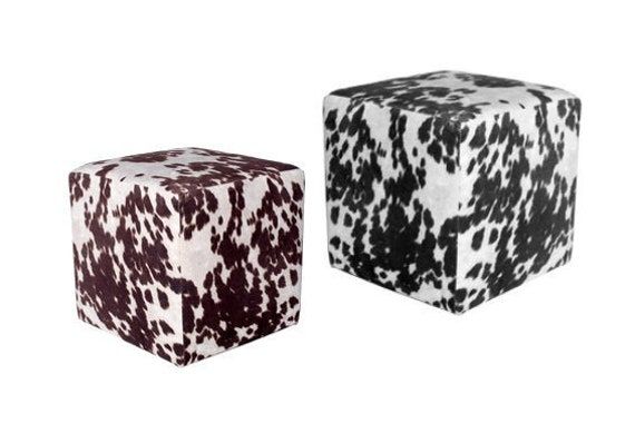 Faux Cowhide Cube Ottoman Cow Print Ottoman – Etsy France Inside White Cow Hide Ottomans (View 12 of 15)