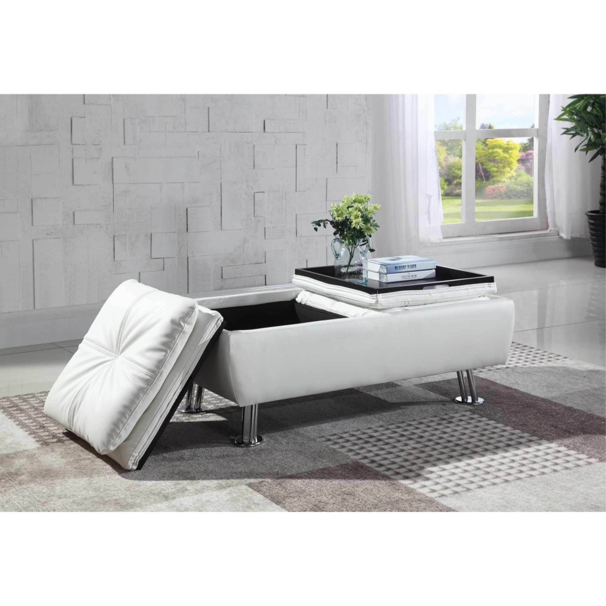 Faux Leather Ottoman With Reversible Tray Tops, White – Walmart Intended For Ottomans With Reversible Tray (View 6 of 15)