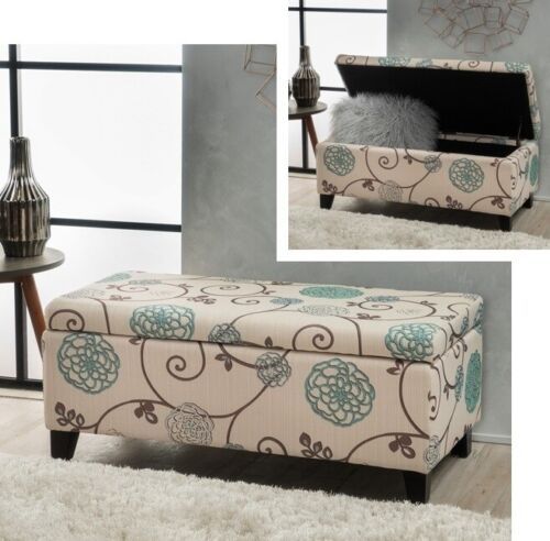 Floral Fabric Storage Ottoman White Blue Ottomans Rectangular Modern  Furniture | Ebay In Ivory And Blue Ottomans (View 2 of 15)