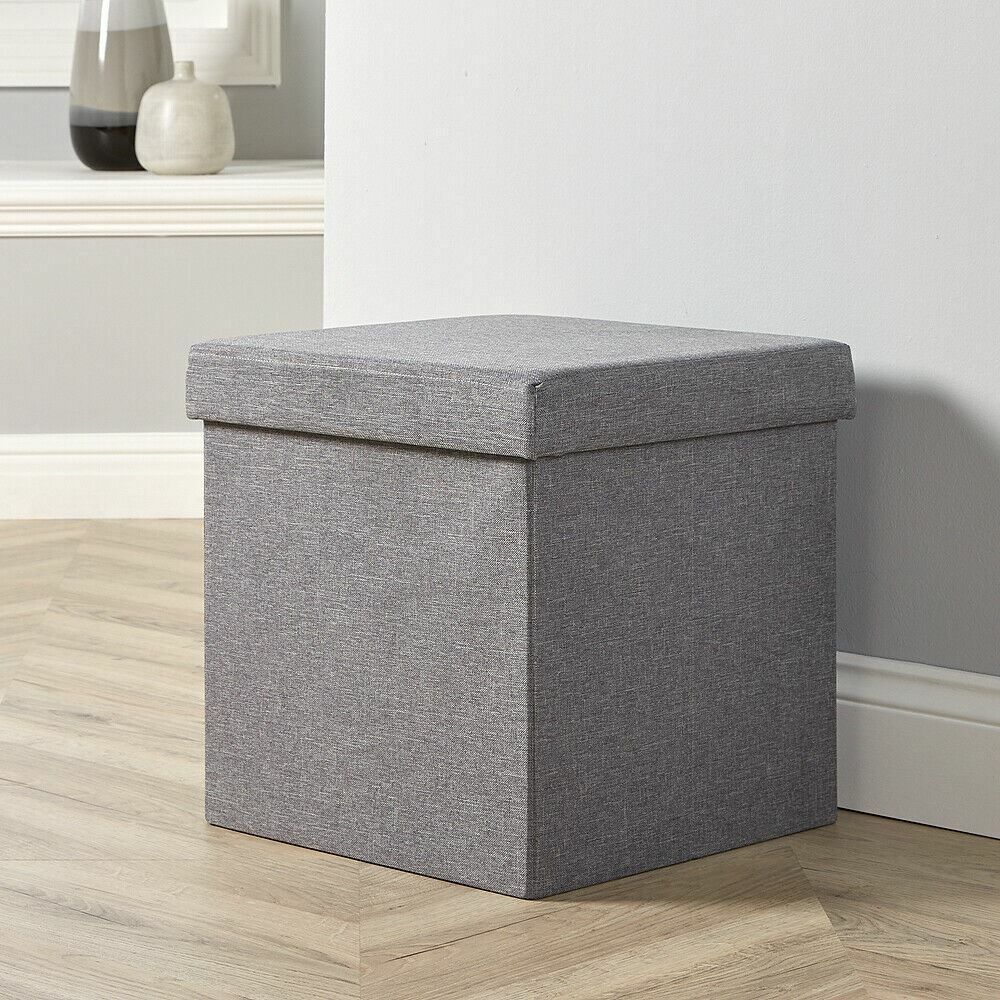 Folding Ottoman Grey Linen Fabric Chest Solid Sturdy Storage Space Saving  Box | Ebay For Solid Linen Cube Ottomans (View 11 of 15)