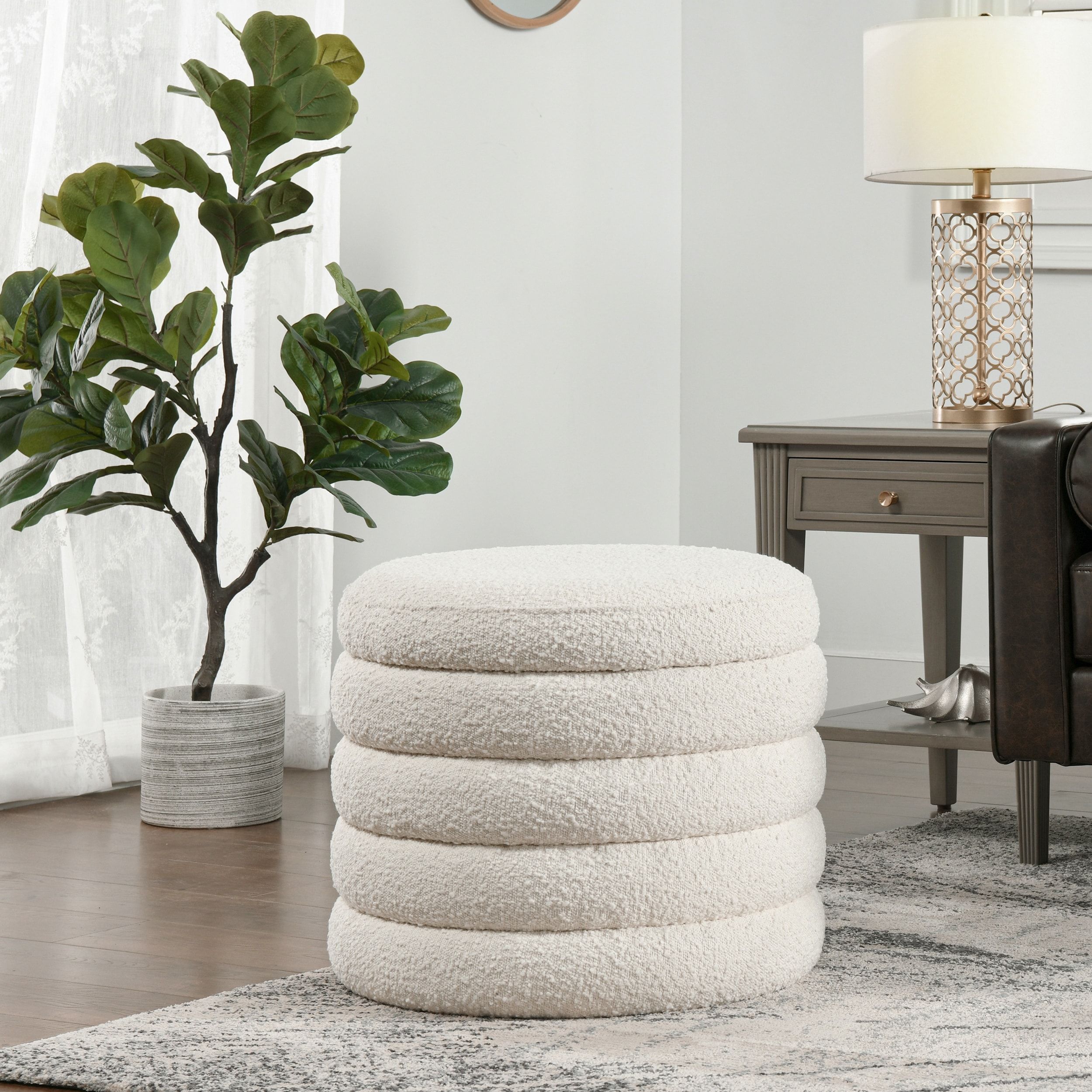 Fuji 19" Upholstered Round Storage Ottoman, Ivory White Boucle – On Sale –  Overstock – 33780918 Regarding Boucle Ottomans (View 7 of 15)
