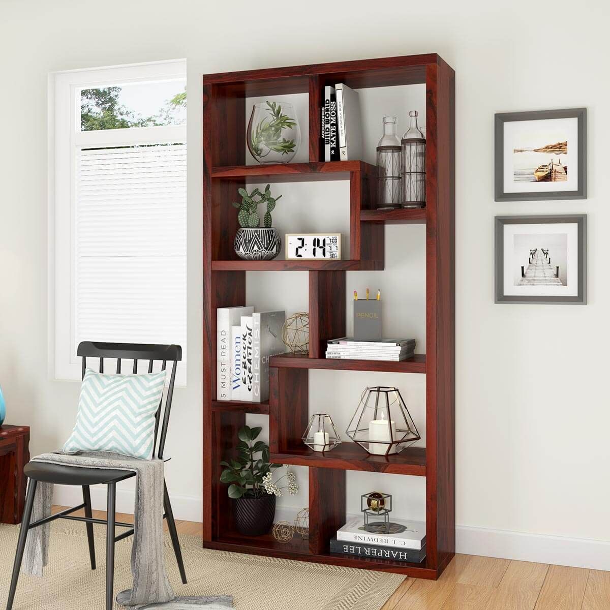 Gadsden Contemporary 8 Open Shelf Solid Wood Geometric Bookcase Intended For Geometric Bookcases (View 8 of 15)