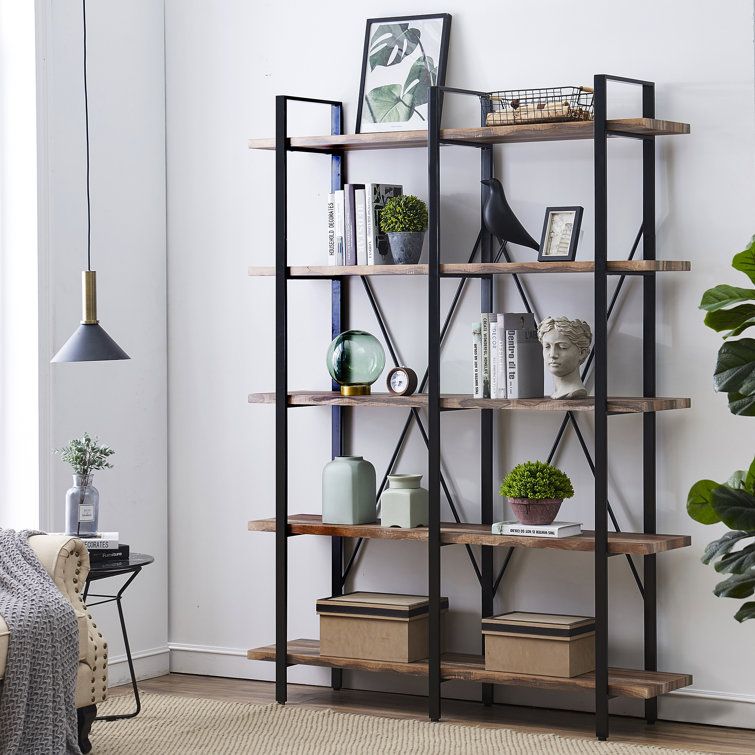 Gracie Oaks Khat 60'' W Iron Etagere Bookcase & Reviews | Wayfair In X Frame Metal Bookcases (View 12 of 15)