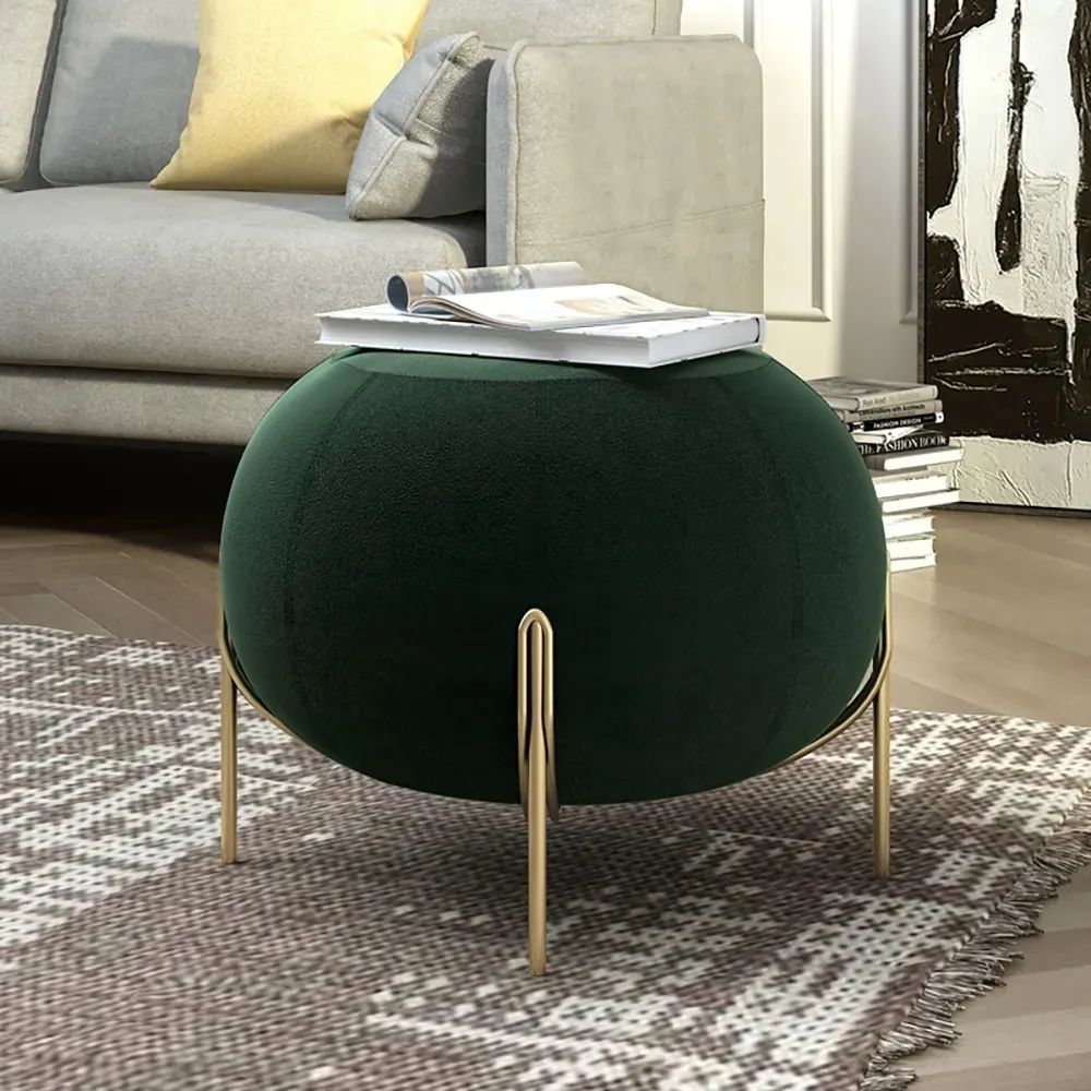 Green Spherical Velvet Ottoman Footrest Metal In Gold Homary With Regard To Ottomans With Caged Metal Base (View 7 of 15)