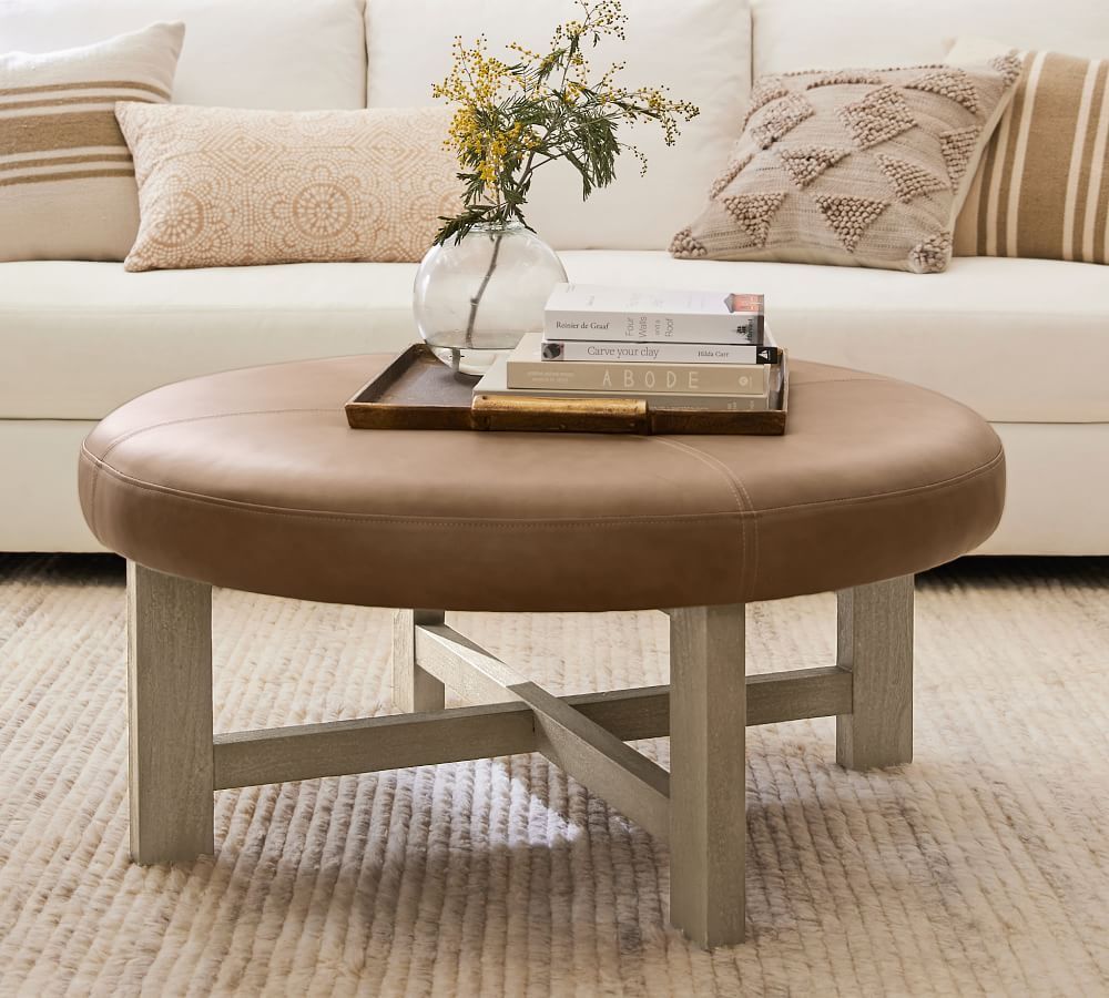 Haden Leather Ottoman | Pottery Barn With Regard To Ottomans With Walnut Wooden Base (View 7 of 15)