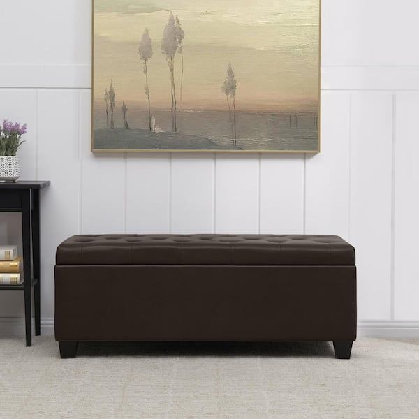 Handy Living Brown Renu Leather Tufted Wall Hugger Bench Storage Ottoman 19  In. H X 48 In. W X 21.75 In (View 8 of 15)