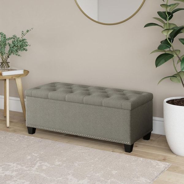 Handy Living Tufted Wall Hugger Dove Gray Linen Bench Storage Ottoman 19  In. H X 48 In. W X 21.75 In (View 4 of 15)