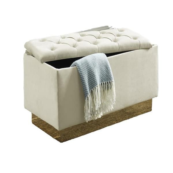 Hi Line Gift Cream Button Tufted Storage Ottoman With Gold Base 96161 Cm –  The Home Depot Regarding Gold Storage Ottomans (View 11 of 15)