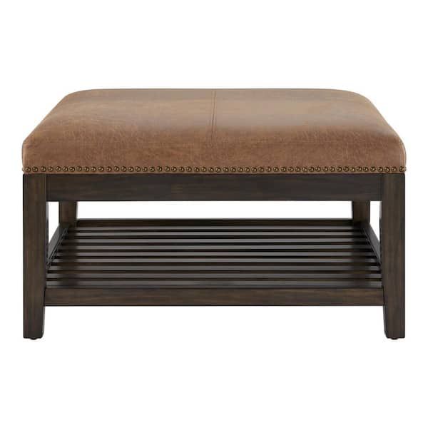 Home Decorators Collection Hayesbrook Camel Upholstered Square Ottoman With  Nailhead Trim And Smoke Wood Accents (32" W) Akf19 32 A – The Home Depot With Regard To Square Ottomans (View 14 of 15)