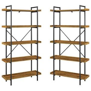 Home Square 5 Shelf Wood Bookshelf Set In Dark Walnut (set Of 2) –  Industrial – Bookcases  Homesquare | Houzz Intended For Square Iron Bookcases (View 7 of 15)
