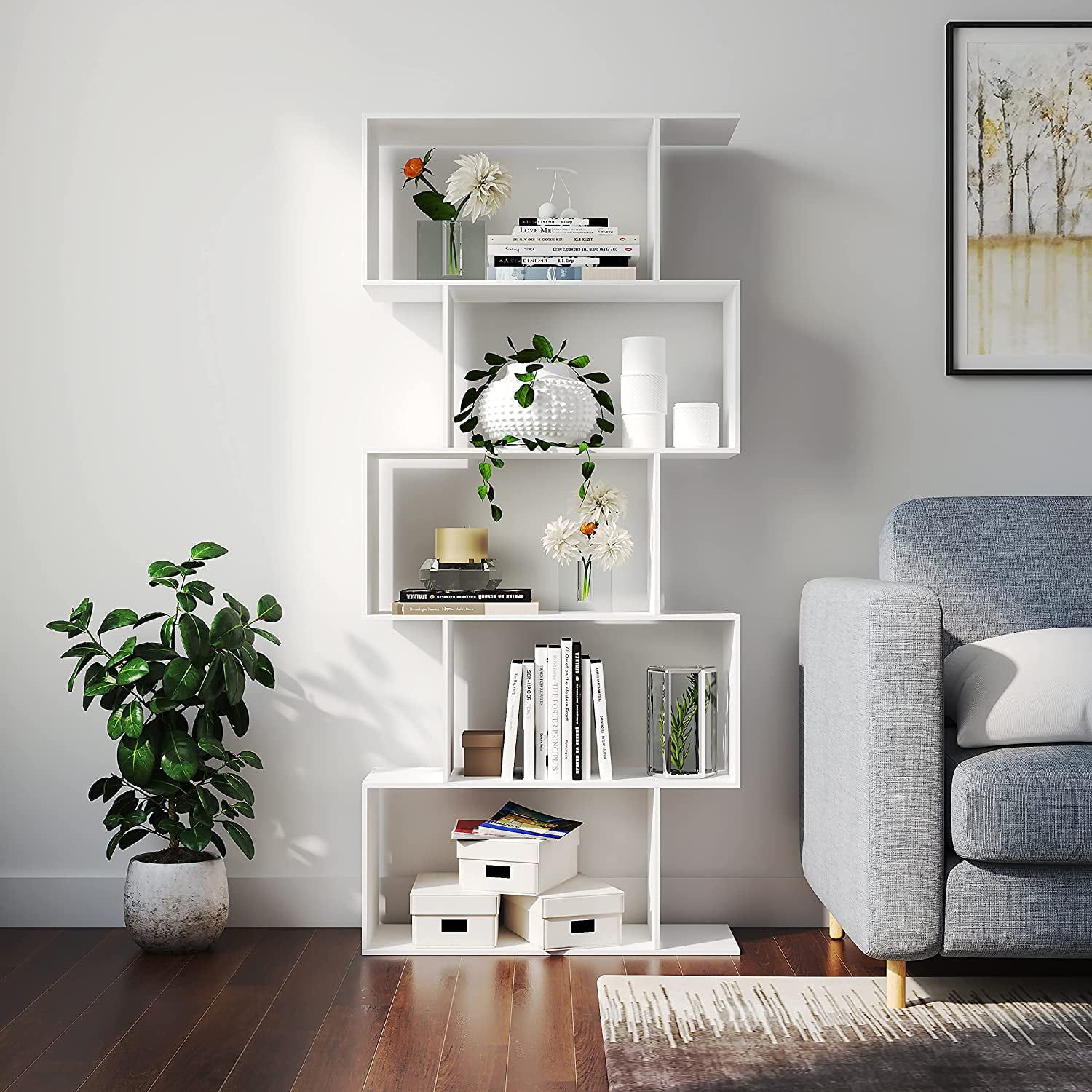 Homefort 5 Tier Geometric Bookcase, Wooden S Shaped Storage Bookcase  Bookshelf, Display Bookshelf, White – Walmart With Regard To Geometric Bookcases (View 14 of 15)