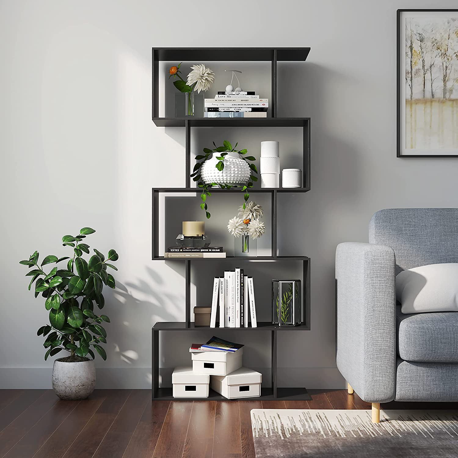 Homefort Geometric Bookcase, 5 Tier Wooden S Shaped Storage Bookcase,  Display Bookshelf, Black, Brown Or White – Walmart Regarding Geometric Bookcases (View 10 of 15)