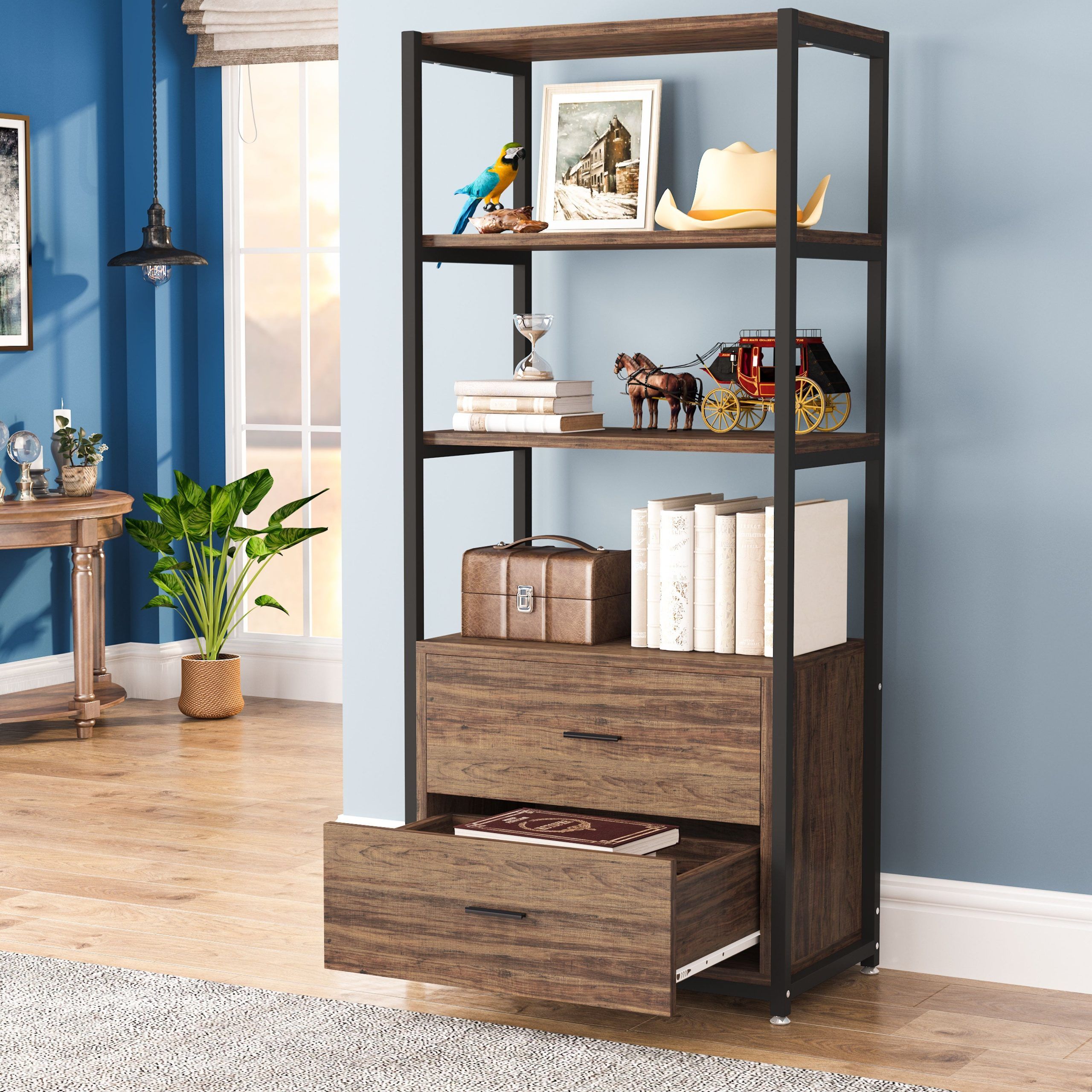 Industrial Bookshelf With Drawers And Matte Steel Frame, 5 Tier Bookcase,  Display Decorative Shelf – On Sale – Overstock – 32849455 Throughout 5 Tier Bookcases With Drawer (View 1 of 15)