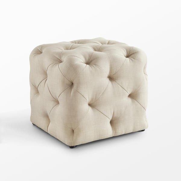 Inspired Home Genevieve Beige Cube Tufted Upholstered Linen Ottoman  On84 03be Hd – The Home Depot Throughout Solid Linen Cube Ottomans (View 15 of 15)