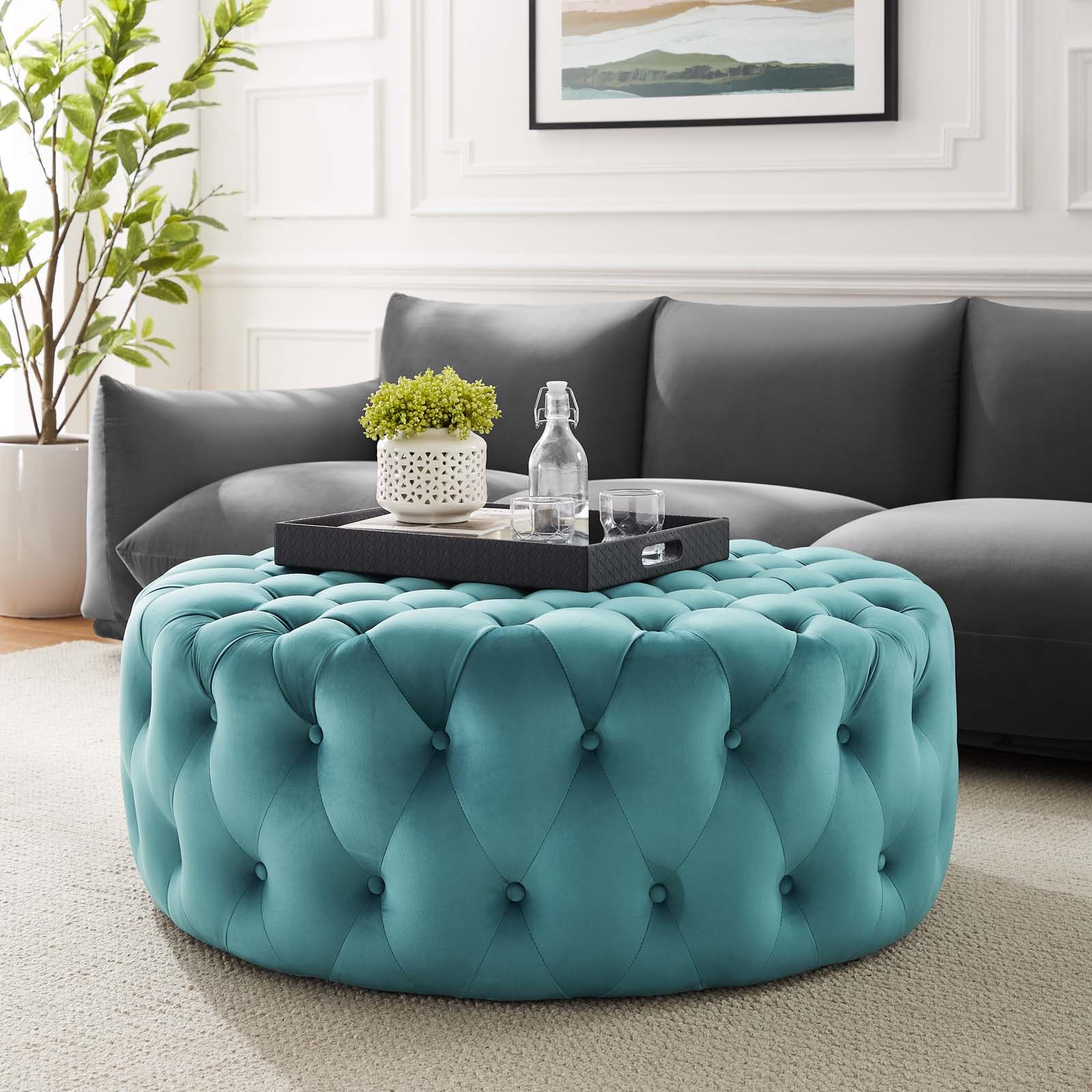 Ivory Velvet Totally Tufted Round Ottoman Coffee Table In Ivory And Blue Ottomans (View 6 of 15)
