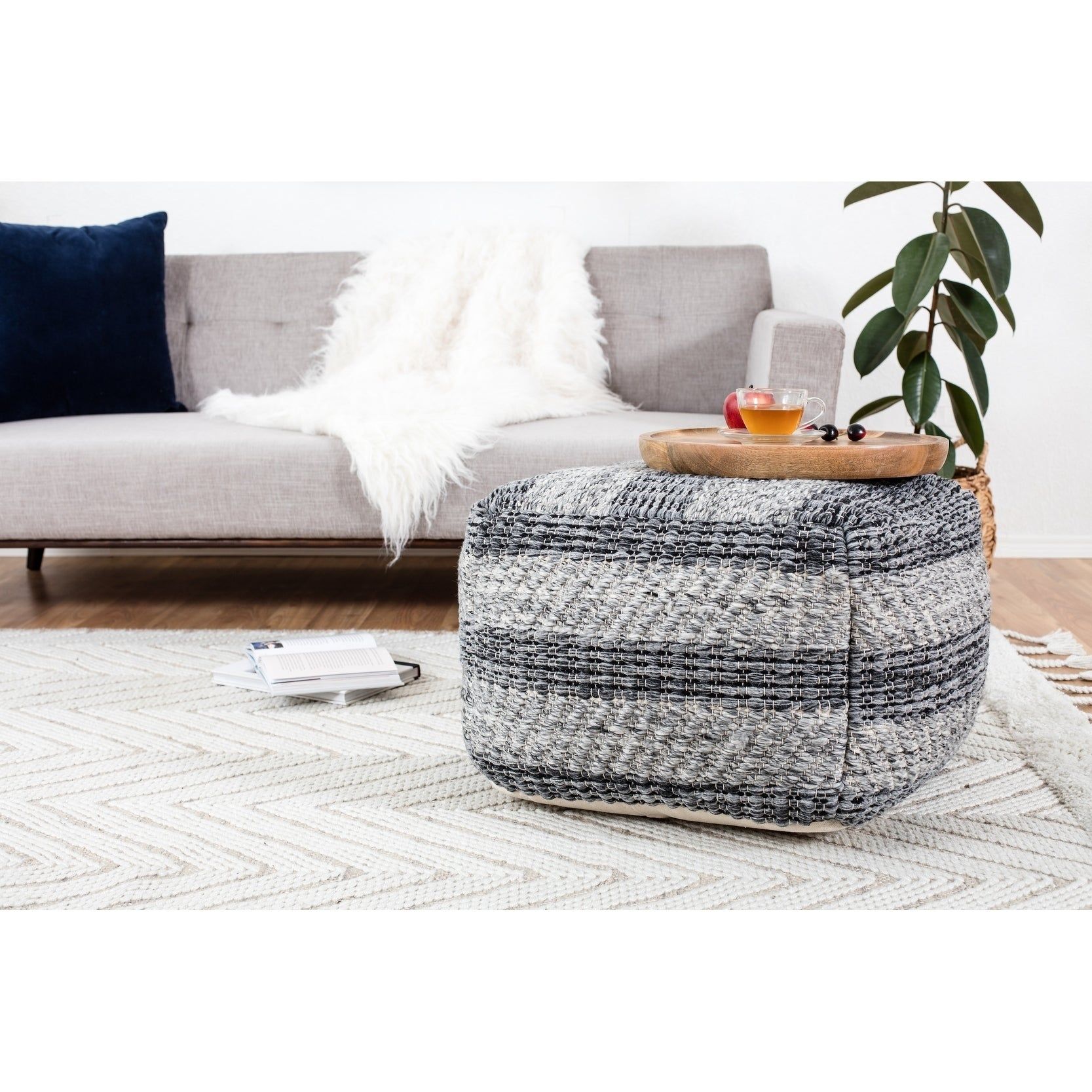 Jani Grey Striped Handwoven 24 Inch Square Pouf Ottoman – Overstock –  29360370 Throughout Polyester Handwoven Ottomans (View 5 of 15)
