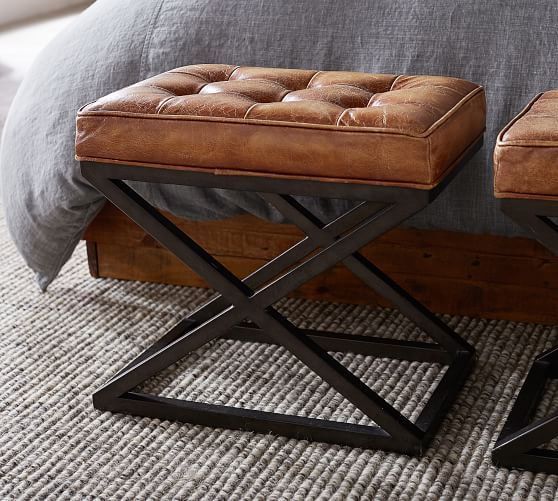 Kirkham Tufted Leather Stool | Pottery Barn With Regard To Ottomans With Stool (View 12 of 15)