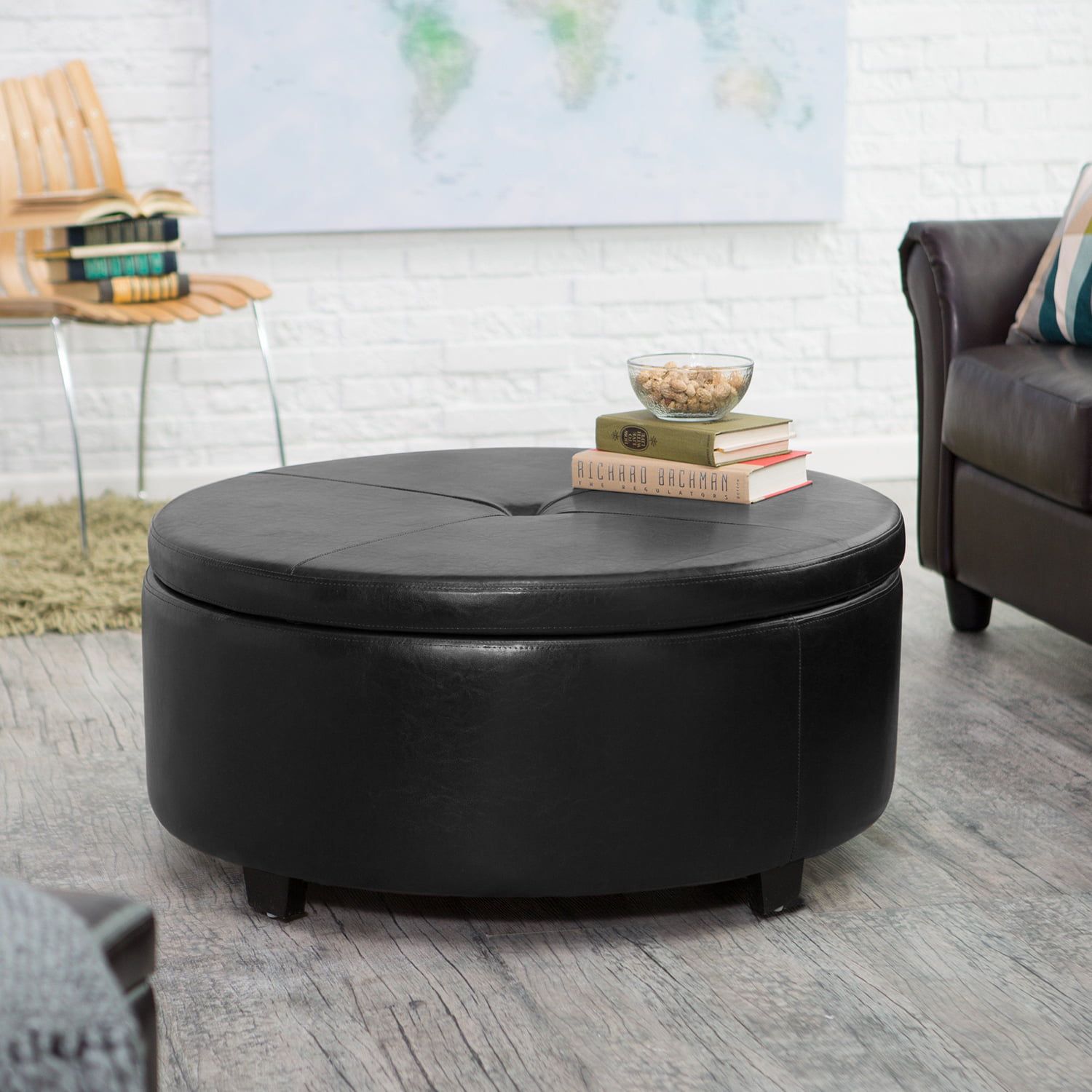 Lacoo Large Round Storage Ottoman Comfort Footrest, Black Faux Leather –  Walmart With Brown Wash Round Ottomans (View 15 of 15)