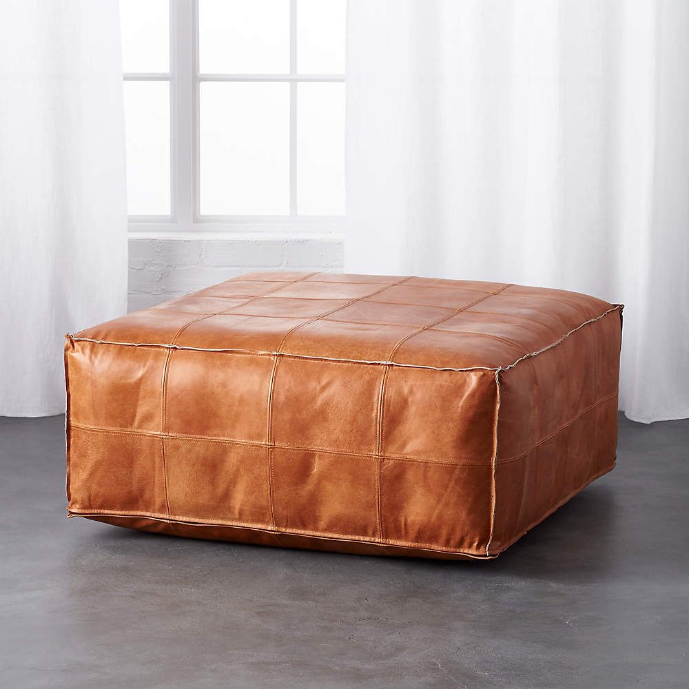 Large Hand Stitched Brown Leather Ottoman Pouf + Reviews | Cb2 Regarding Brown Leather Ottomans (View 1 of 15)
