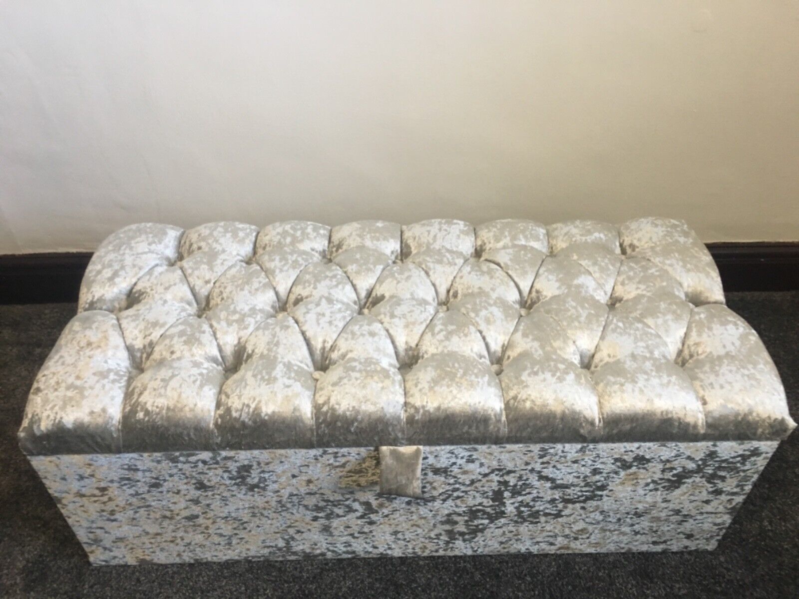 Large Silver Crushed Velvet Ottoman, Toys Storage Footstool, Blanket Box |  Ebay With Upholstery Soft Silver Ottomans (View 13 of 15)