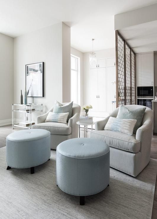 Light Gray Swivel Club Chairs With Round Light Blue Ottomans – Contemporary  – Living Room For Light Gray Ottomans (View 8 of 15)