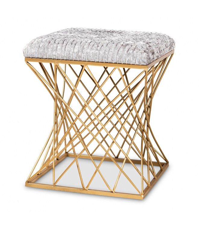 Light Grey Crushed Velvet Top Footstool Ottoman Caged Gold Base With Ottomans With Caged Metal Base (View 5 of 15)