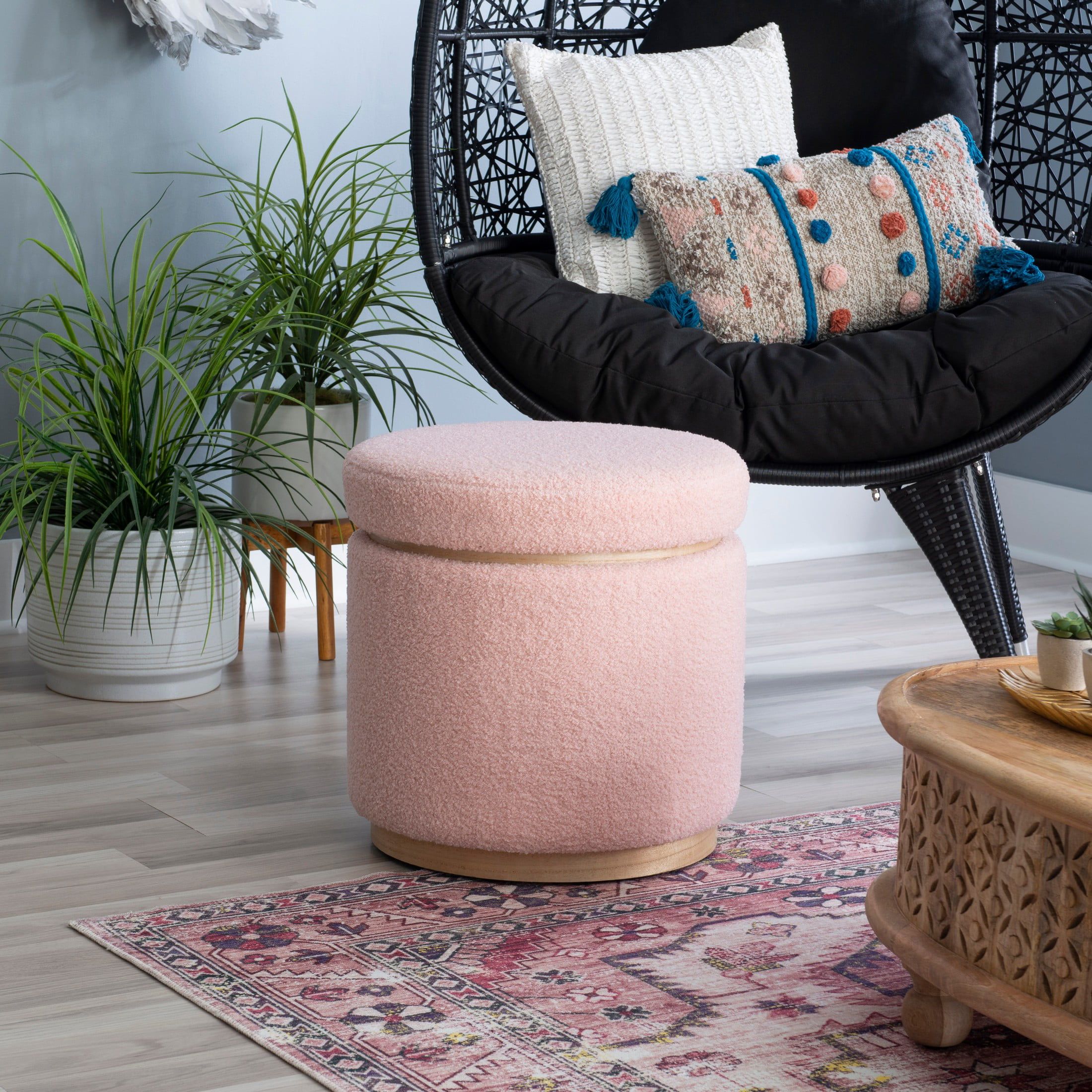 Linon Primrose Storage Ottoman Stool, Natural Finish With Blush Sherpa  Fabric – Walmart With Natural Ottomans (View 12 of 15)
