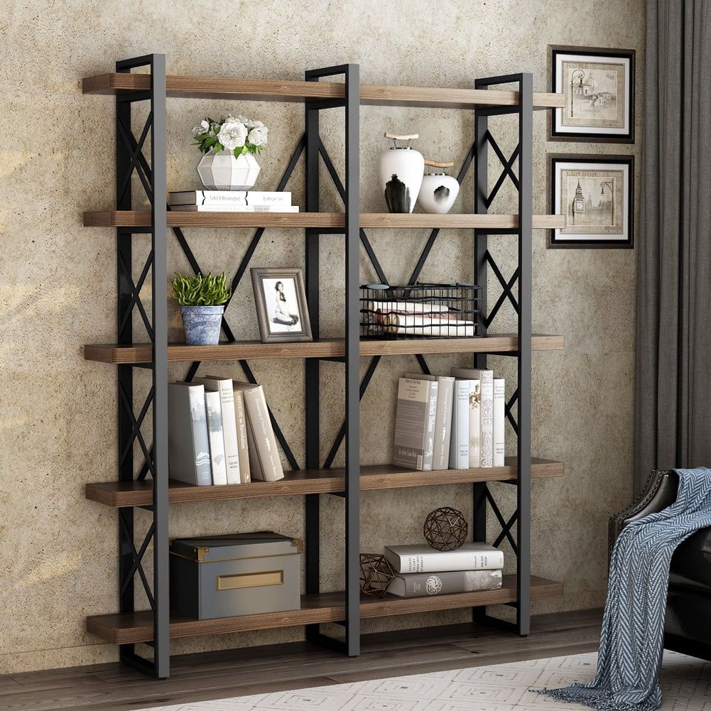 Little Tree 5 Tier Double Wide Open Bookcase, Solid Wood Industrial Large Metal  Bookcases Furniture, Vintage 5 Shelf Bookshelf Etagere Book Shelves For  Home Office Decor Display, Retro Brown – Walmart For Brown Metal Bookcases (View 13 of 15)