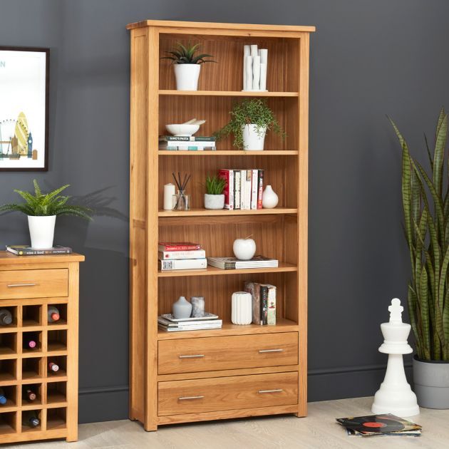 London Oak Large Bookcase With 2 Drawers | The Furniture Market For Two Drawer Bookcases (View 6 of 15)