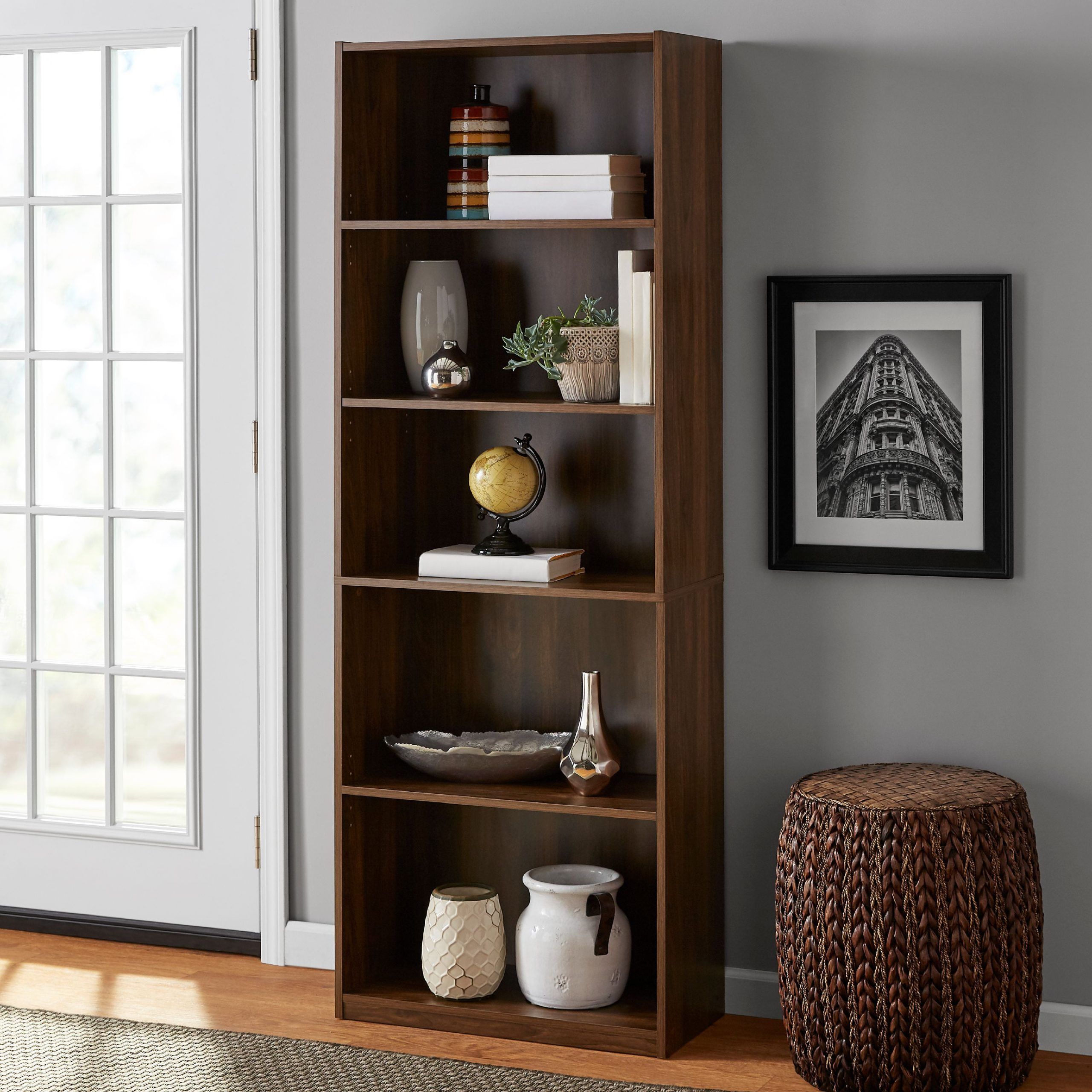 Mainstays 5 Shelf Bookcase With Adjustable Shelves, Canyon Walnut –  Walmart Pertaining To Five Shelf Bookcases With Drawer (View 12 of 15)