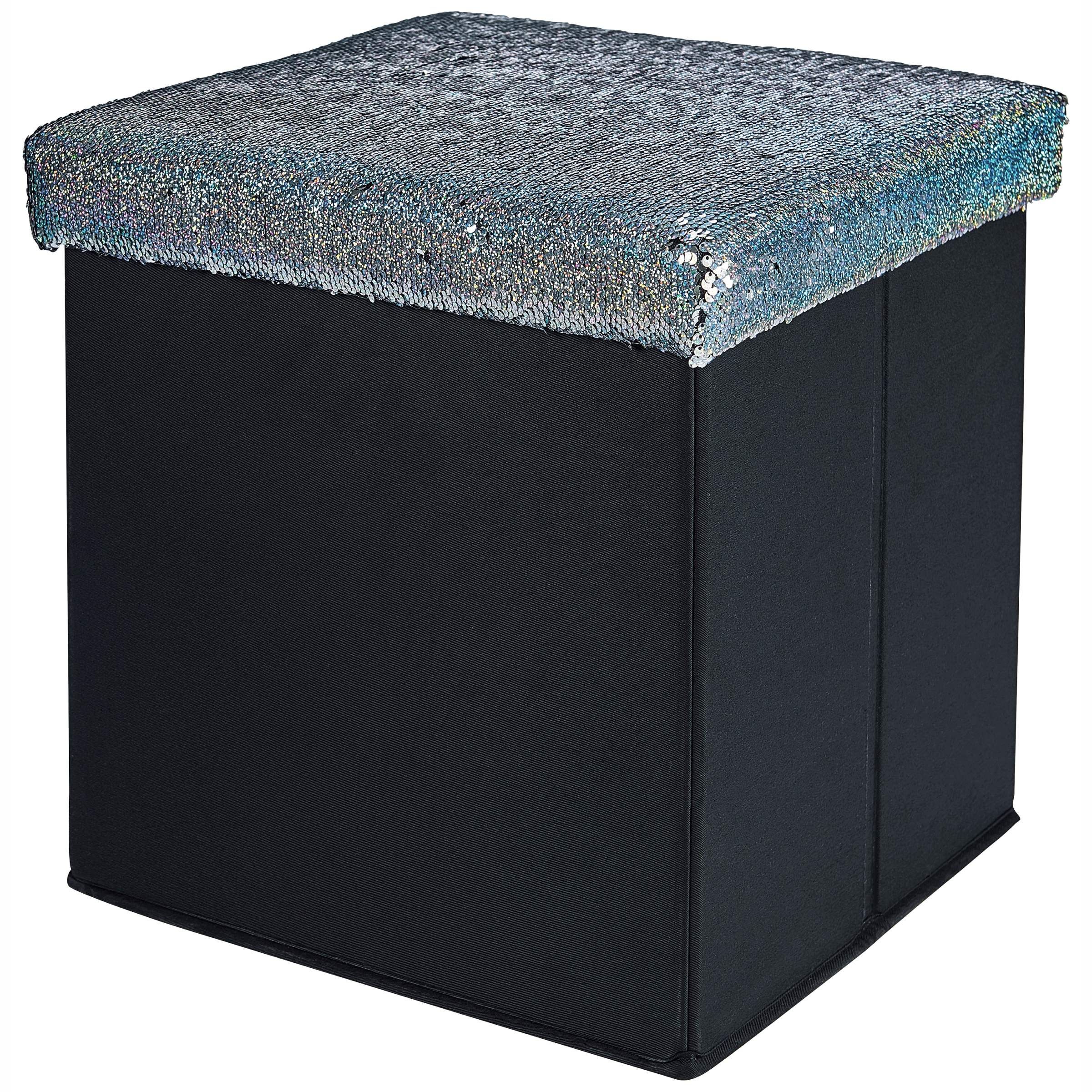 Mainstays Collapsible Storage Ottoman, Aqua Glitter Sequins – Walmart Regarding Ottomans With Sequins (View 2 of 15)