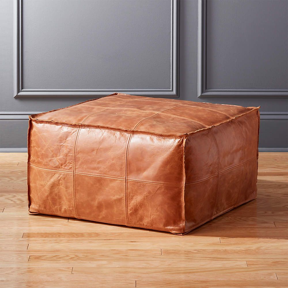 Medium Hand Stitched Square Brown Leather Ottoman Pouf + Reviews | Cb2 Pertaining To Square Ottomans (View 15 of 15)