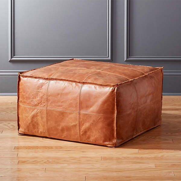 Medium Hand Stitched Square Brown Leather Ottoman Pouf + Reviews | Cb2 With Square Pouf Ottomans (View 3 of 15)