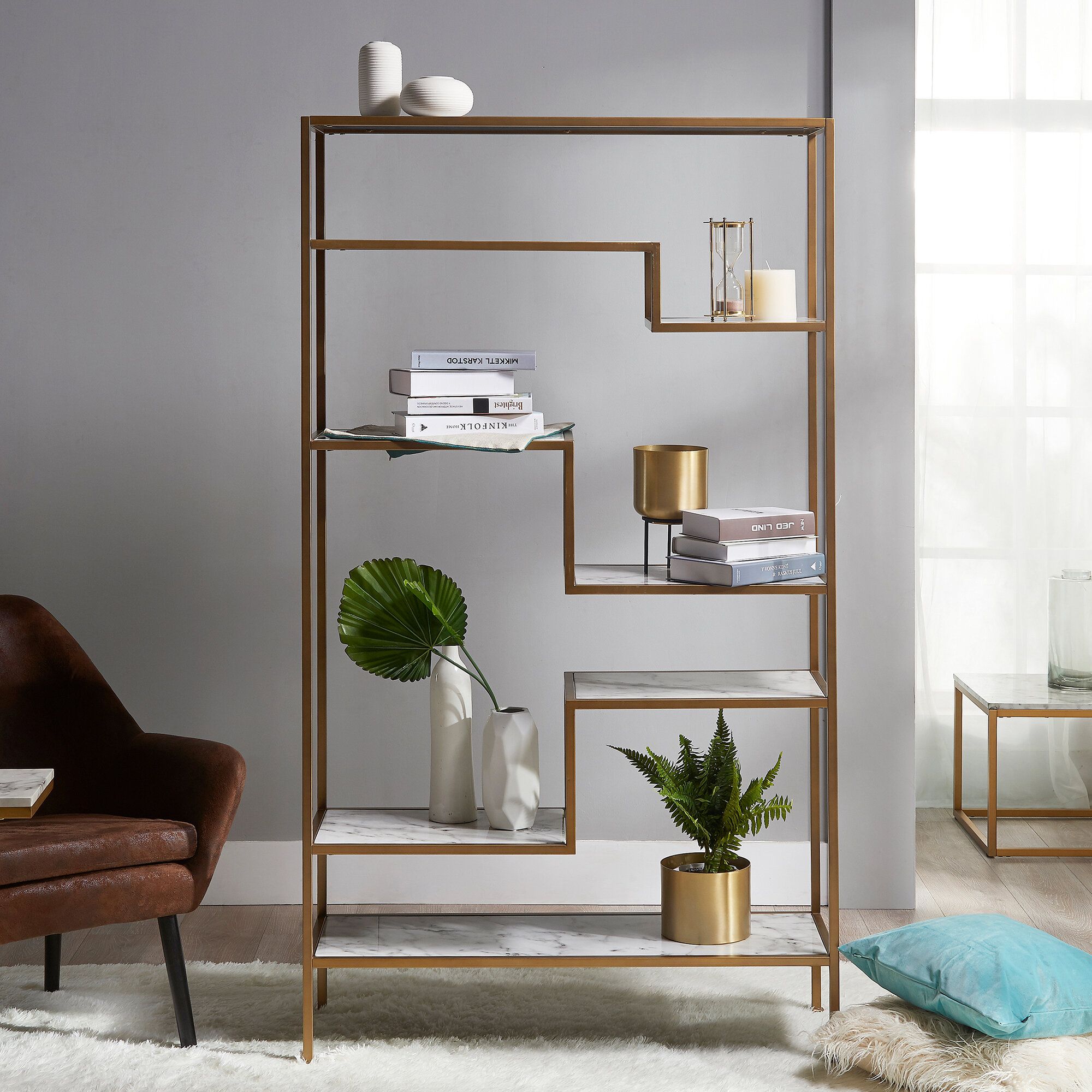 Mercer41 Carbone 72'' H X 40'' W Brass Geometric Bookcase & Reviews |  Wayfair Inside Brass Bookcases (View 3 of 15)