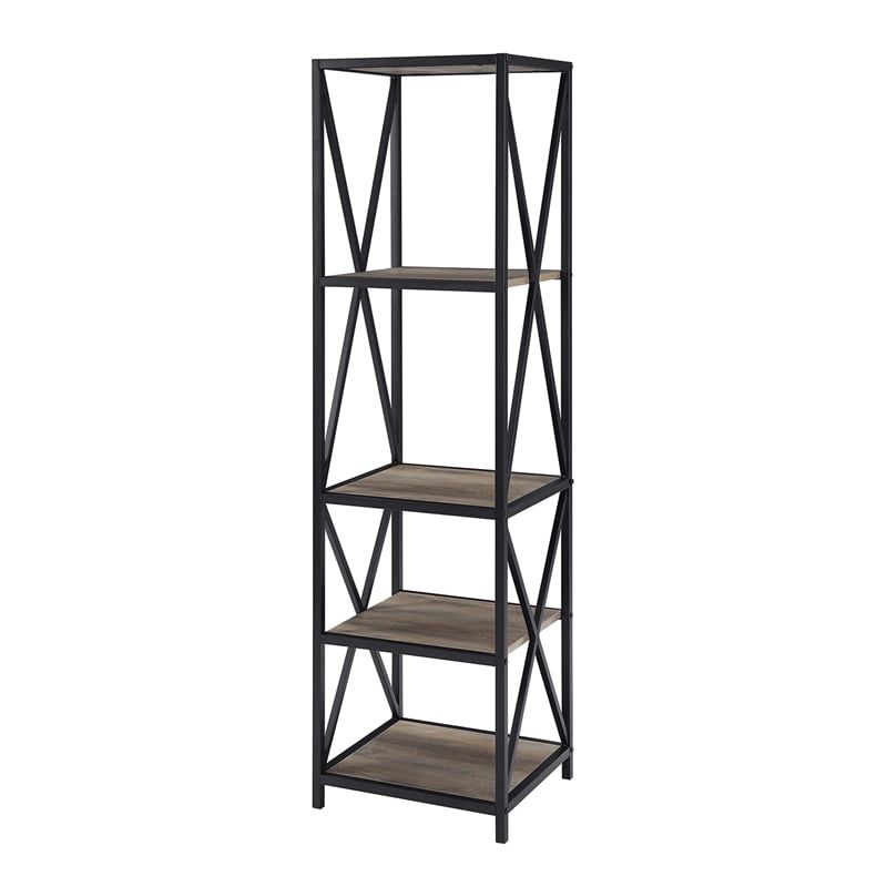 Metal X Media Tower Bookcase With Wood Shelves – Gray Wash – Walmart Throughout Gray Metal Stone Bookcases (View 14 of 15)