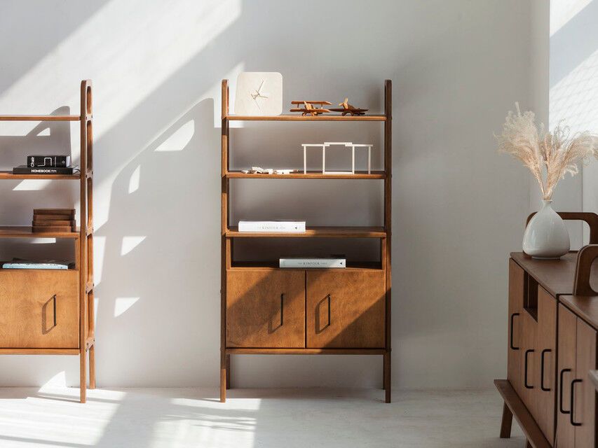 Mid Century Bookcase Frisk Midi With An Open Cabinetplywood Project |  Archello Pertaining To Bookcases With Shelves And Cabinet (View 8 of 15)