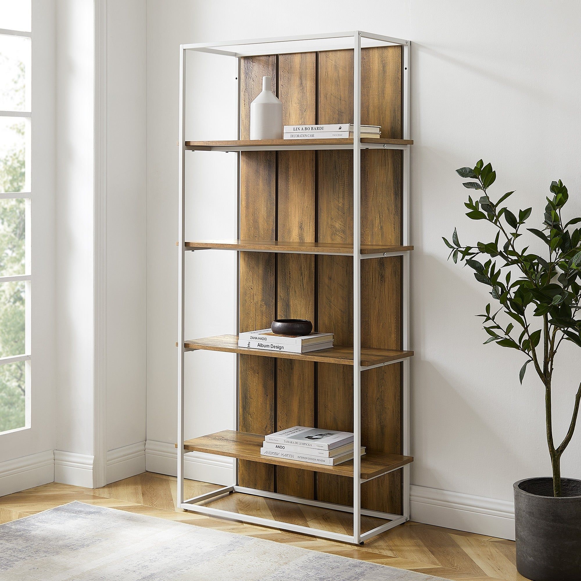 Middlebrook Designs Barnett Slat Back Bookshelf – Rustic Oak / White Metal  – Overstock – 25487883 Regarding Bookcases With Slats (View 9 of 15)