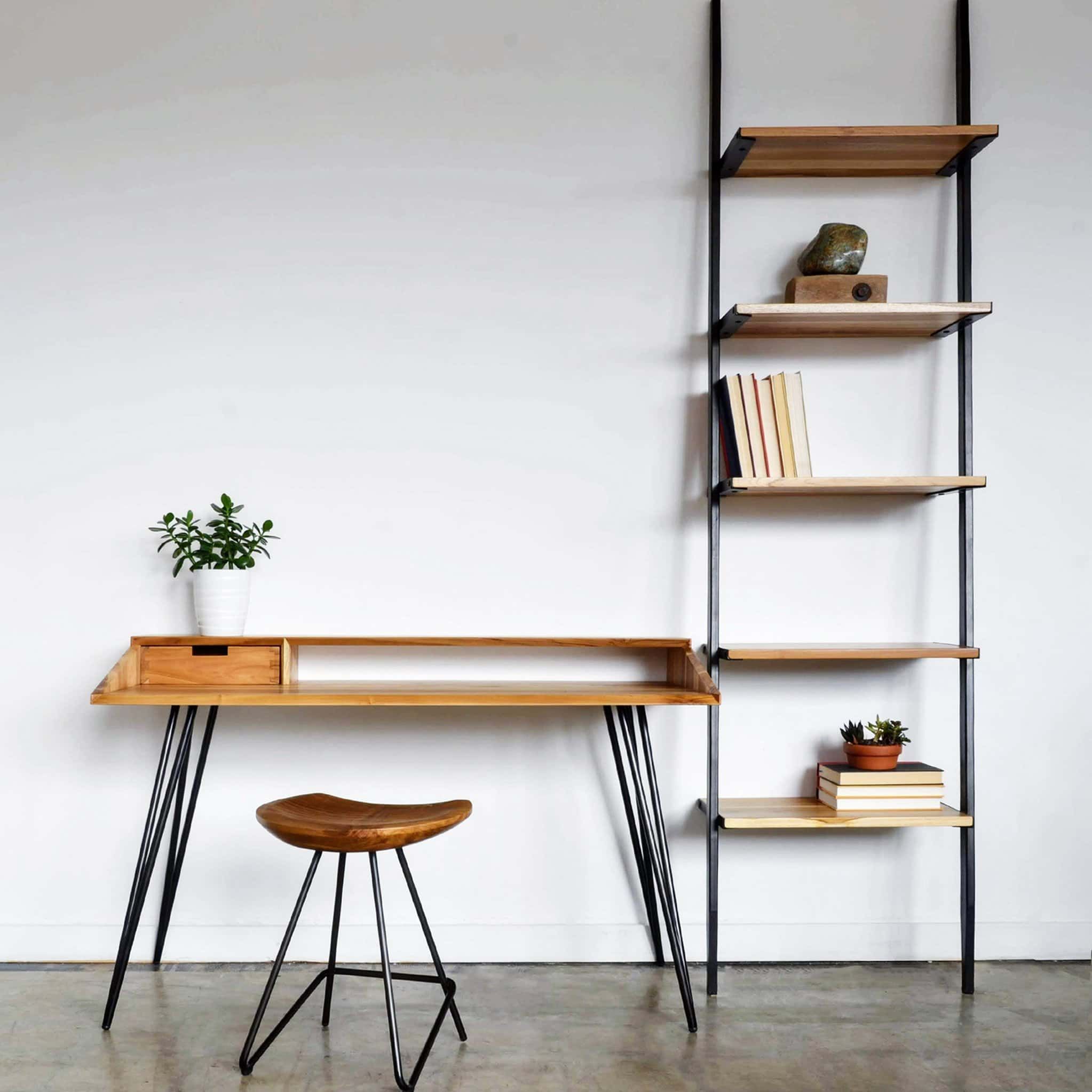 Mika Bookcase 5 Shelves – Teak Wood/natural Finish – Iron/clear Powder Coat  Finishfrom The Source With Powder Coat Finish Bookcases (View 4 of 15)