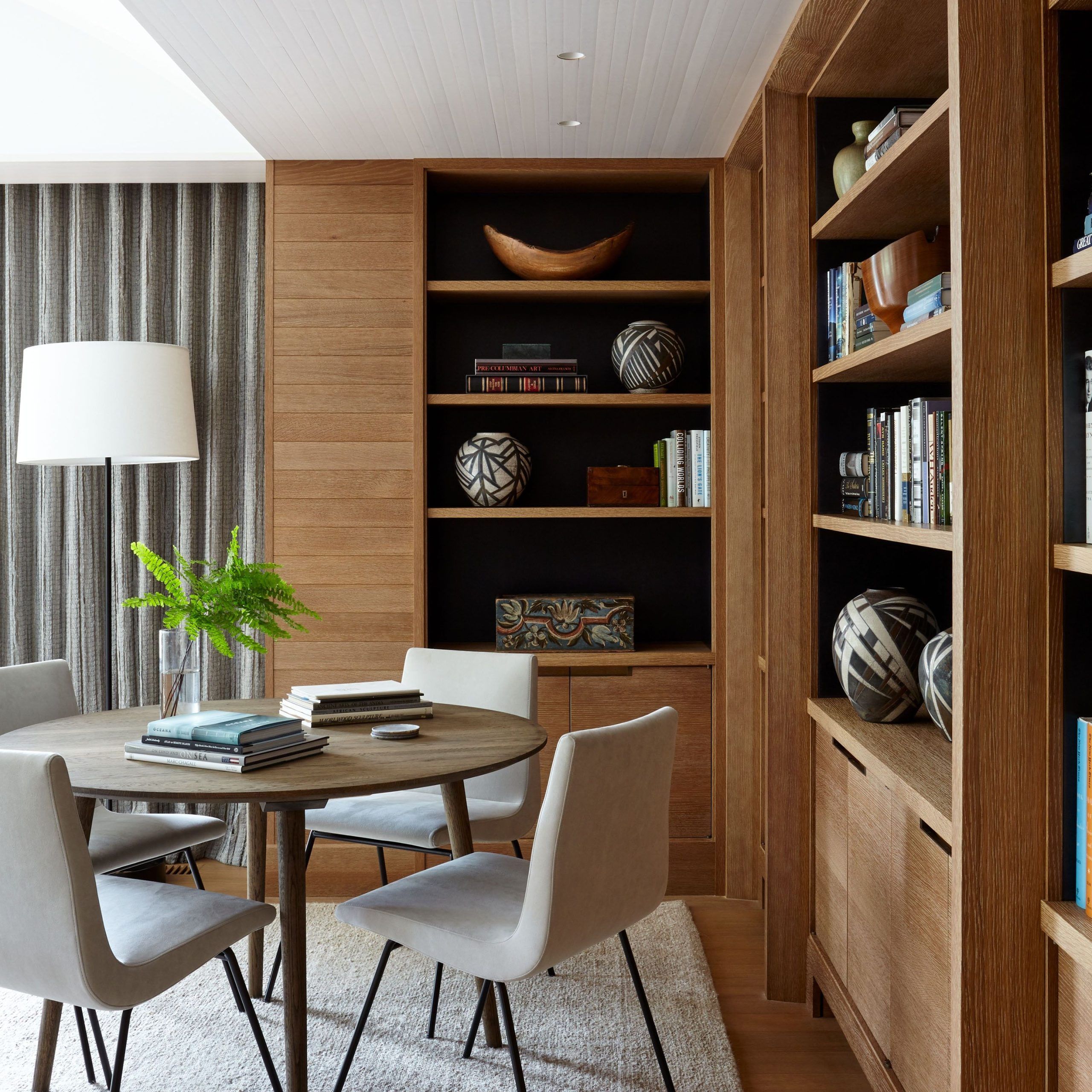 Minimalist Contemporary Scandinavian Style Custom Wood Paneled Library |  Interior Design Portfolios, Home Library Design, Modern Home Library Design Intended For Minimalist Open Slat Bookcases (View 13 of 15)
