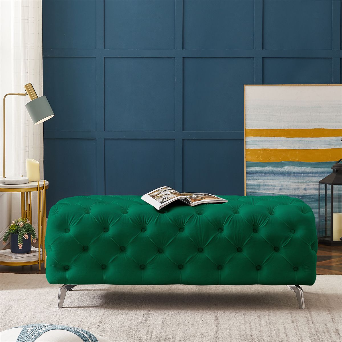 Modern Accent Ottoman Bench, Button Tufted Footrest, Upholstered Velvet  Stool Rectangle Bench With Chrome Metal Legs And Solid Wood Frame For  Living Room Bedroom Entryway, Green – Walmart For Dark Green Ottomans (View 8 of 15)